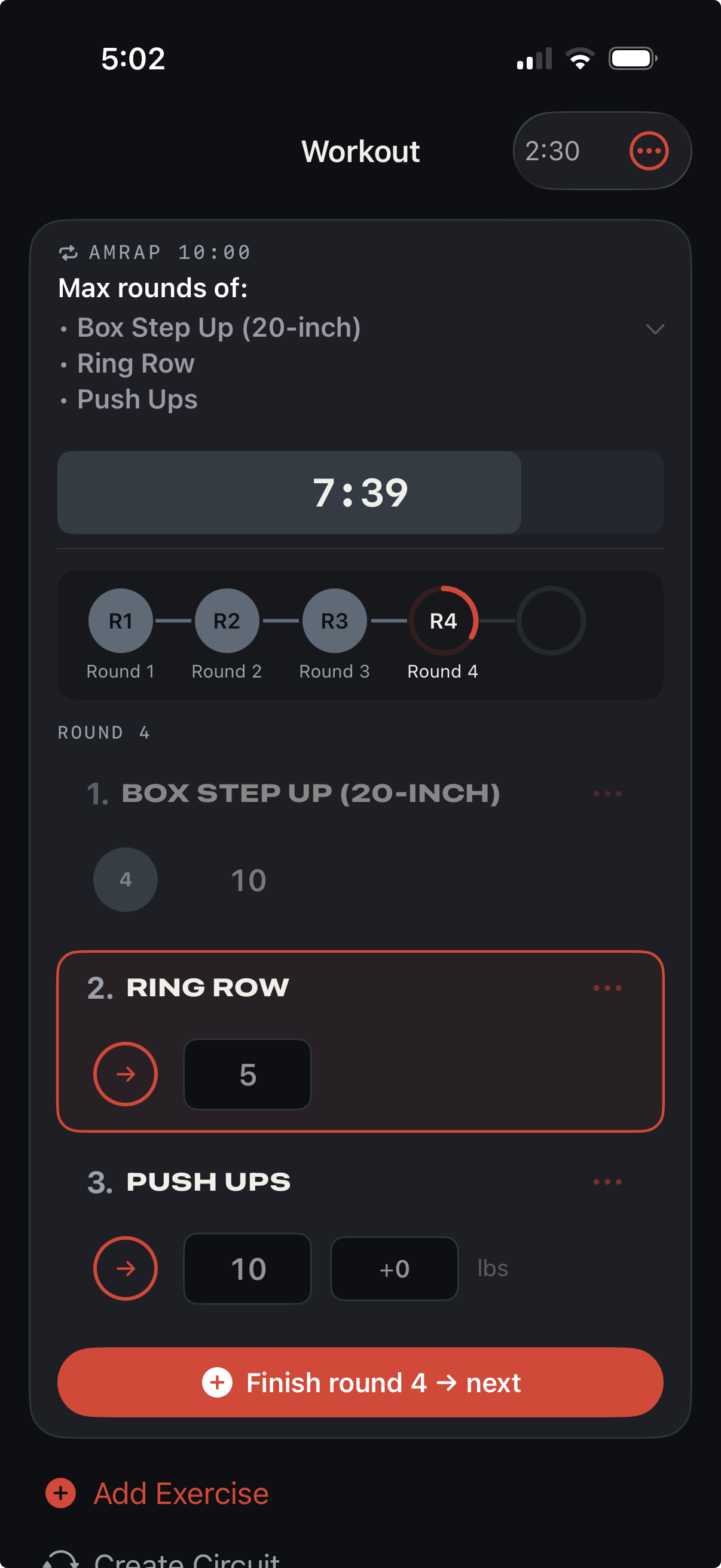 Repcast tracking an AMRAP circuit, scored by round with a running clock