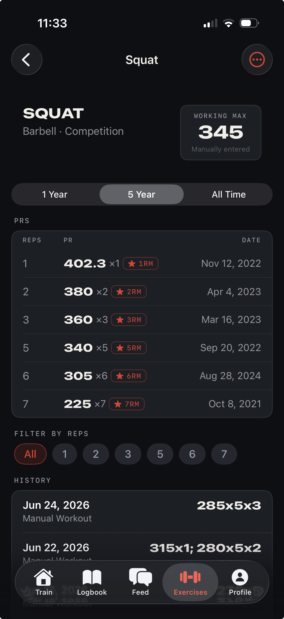 Repcast exercise detail showing squat PRs by rep range and timeframe