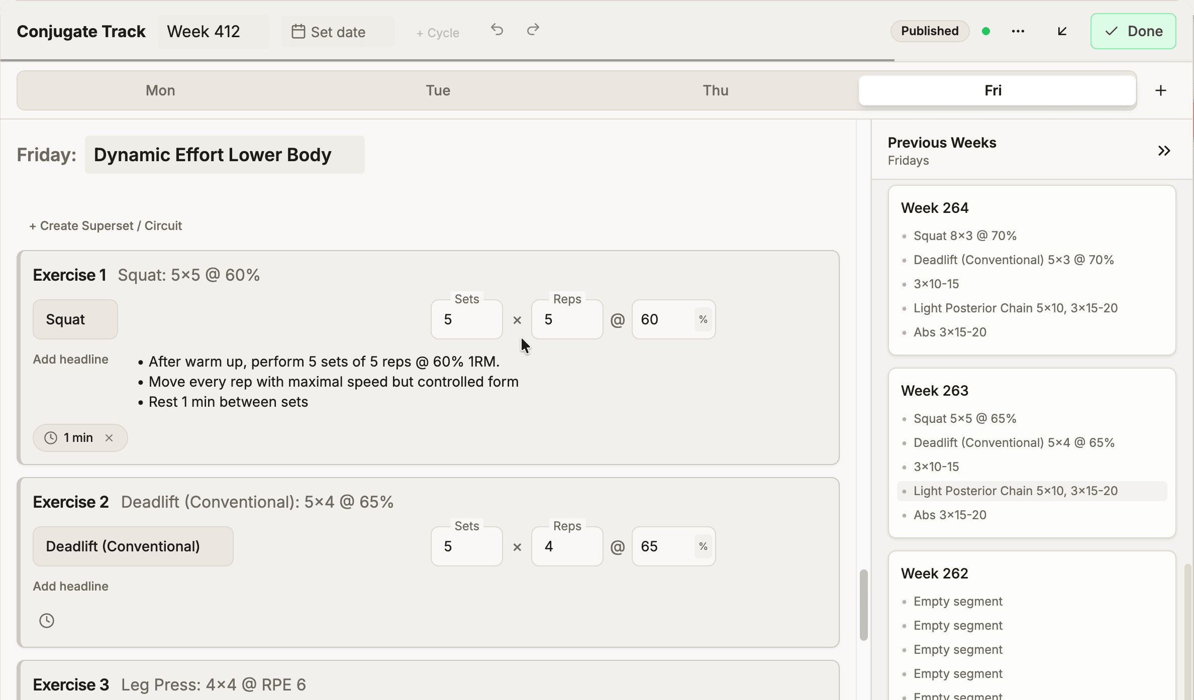 Repcast session editor with prescribed exercises, sets, reps, and percentages