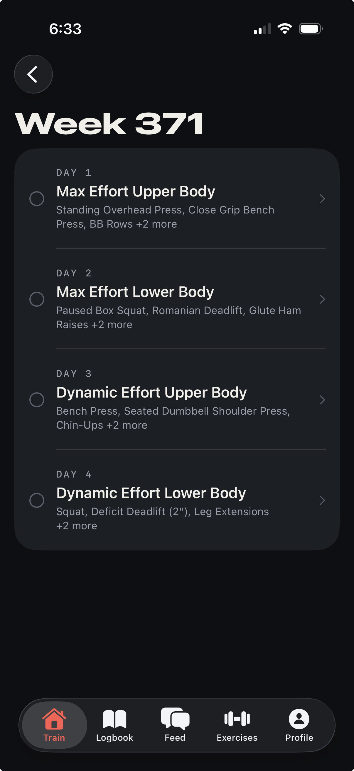 Repcast program week overview listing each day's session